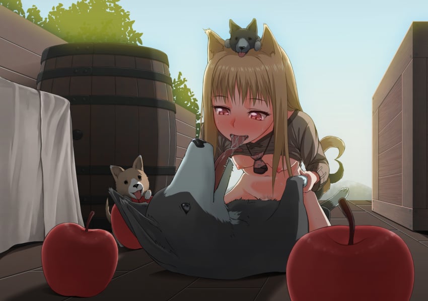 1girls animal_ears apple blush breasts brown_hair canine clothing enek female food fox_ears fruit girl_on_top holo long_hair nipples oxxo_(dlengur) pouch pubic_hair red_eyes saliva sex small_breasts spice_and_wolf tail tongue tongue_out wolf_ears wolf_tail zoophilia