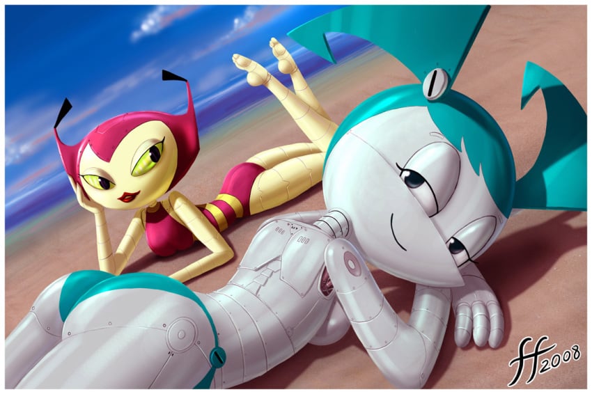 14-bis 2008 2d 2girls alternate_breast_size beach female female_only humanoid jenny_wakeman lipstick multiple_girls my_life_as_a_teenage_robot robot robot_girl robot_humanoid smooth_skin teenager vega_(mlaatr) xj-9