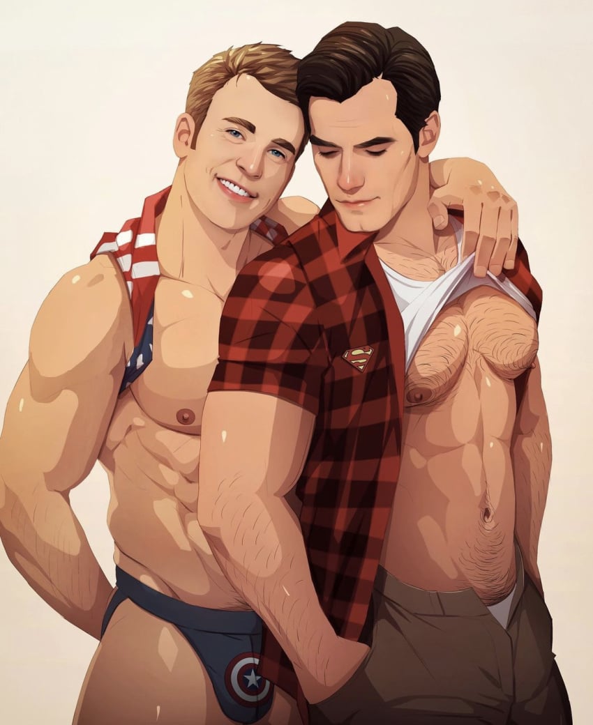 abs actor bulge captain_america captain_america_(series) celebrity chris_evans clark_kent crossover dc dc_extended_universe gay hairy_chest henry_cavill in_character jockstrap kal-el male male_only marvel marvel_cinematic_universe muscles muscular muscular_male nerdyart pecs shirt_lift smiling_at_viewer steve_rogers superman superman_(series) unzipped_pants yaoi