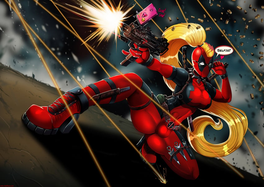 1futa blonde_hair bodysuit bulge cameltail deadpool_corps futa_only futanari glasses gun high_heels intersex lady_deadpool marvel ponytail selfie shadman shooting solo squatting submachine_gun tied_hair wanda_wilson weapon