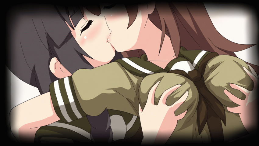 2girls animated black_hair blush breast_grab brown_hair closed_eyes female hangaku kantai_collection kissing kitakami_(kantai_collection) multiple_girls ooi_(kantai_collection) yuri