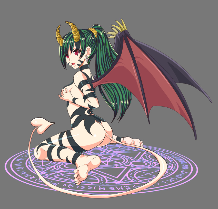 ass barefoot bat_wings black_hair breasts covering covering_nipples falynevarger green_hair grey_background horns long_hair magic_circle nude open_mouth original ponytail red_eyes sideboob simple_background succubus tail tattoo tied_hair two_tone_hair wariza wings