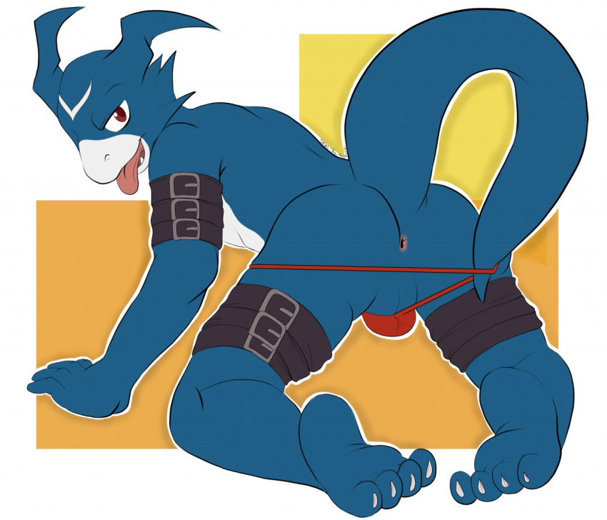 1boy all_fours anthro anus barefoot barely_contained clothing digimon flamedramon flat_colors leather_straps looking_at_viewer looking_back male male_only naughty_face perineum presenting presenting_anus raised_tail rear_view scalie signature simple_background solo stripes-the-raccoon thong toned tongue tongue_out underwear_pull vpl