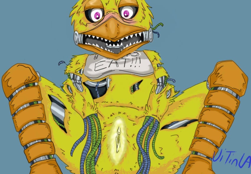 animatronic avian bird blush endoskeleton female five_nights_at_freddy's machine monster nightmare_fuel pussy robot solo teeth uitinla withered withered_chica