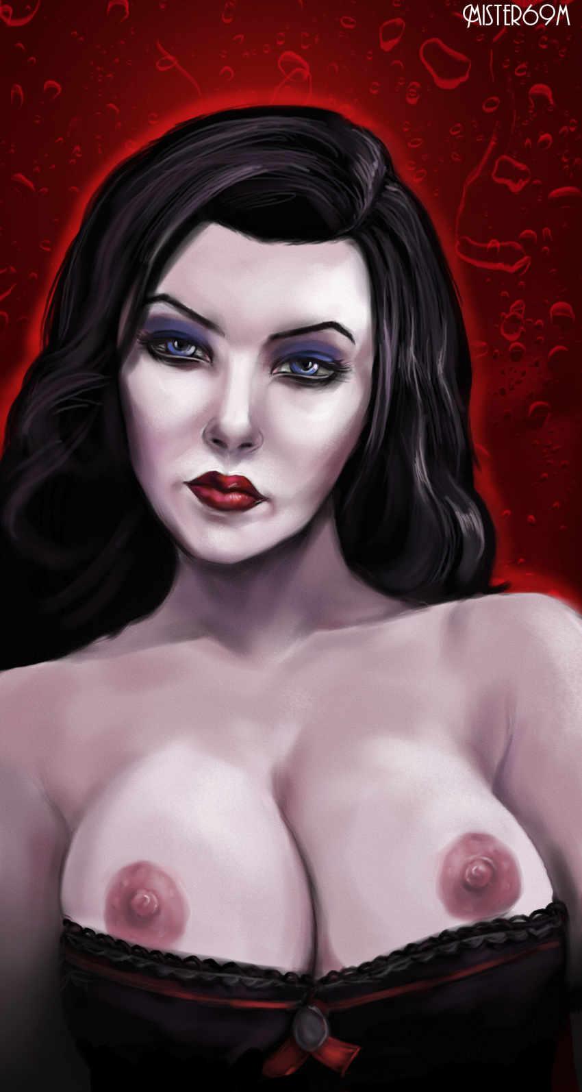 2015 bioshock bioshock_infinite black_hair blue_eyes breasts breasts_out burial_at_sea deviantart_username elizabeth_comstock eyeshadow female highres lipstick long_hair makeup michael_smirnov mister69m nipples pale_skin solo