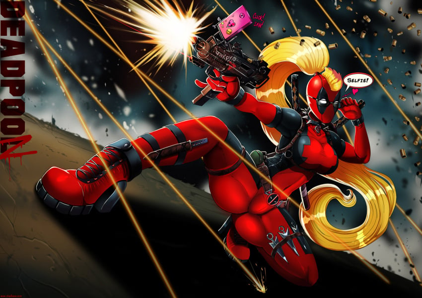 blonde_hair bodysuit deadpool_corps disney female genderbent glasses gun high_heels lady_deadpool marvel ponytail selfie shadman shooting solo squatting submachine_gun tied_hair wanda_wilson weapon