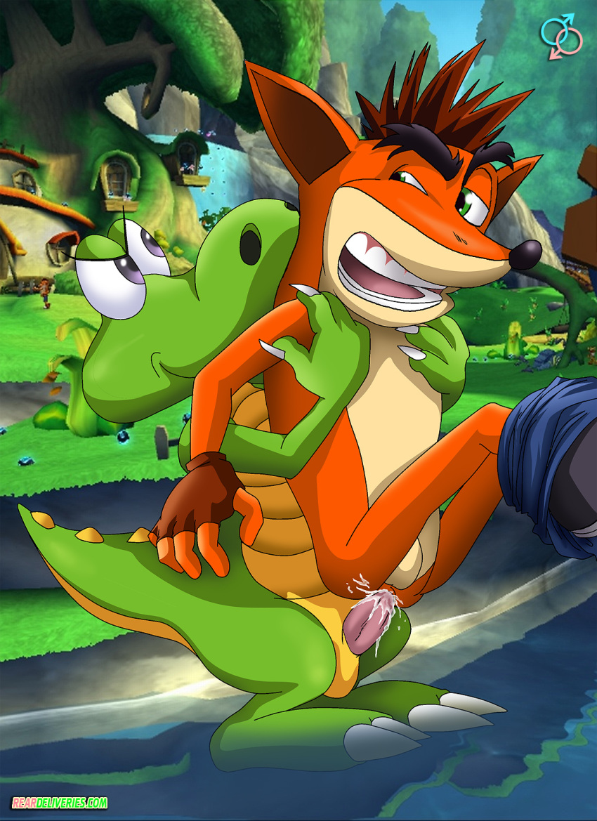 2boys 3d_background anal anal_sex anthro anthro_only ass balls bandicoot bbmbbf crash_(series) crash_bandicoot crash_mind_over_mutant croc croc:_legend_of_the_gobbos crocodile crossover cum cum_in_ass cum_inside cum_while_penetrated duo erect erect_penis erection fingerless_gloves furry gay green_eyes green_scales grey_eyes hi_res looking_back male male_only mammal marsupial outside palcomix penetration penis rear_deliveries reptile scalie screencap_background sex shorts stand_and_carry_position standing video_games yaoi