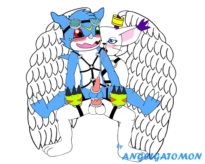 anal anal_sex angel_wings angelgatomon_(angelgato) angelgatomon_(artist) balls blush cock_ring cum cum_while_penetrated cumshot digimon erection gatomon harness leather looking_pleasured male male_only penetration penis sex tail veemon wings yaoi