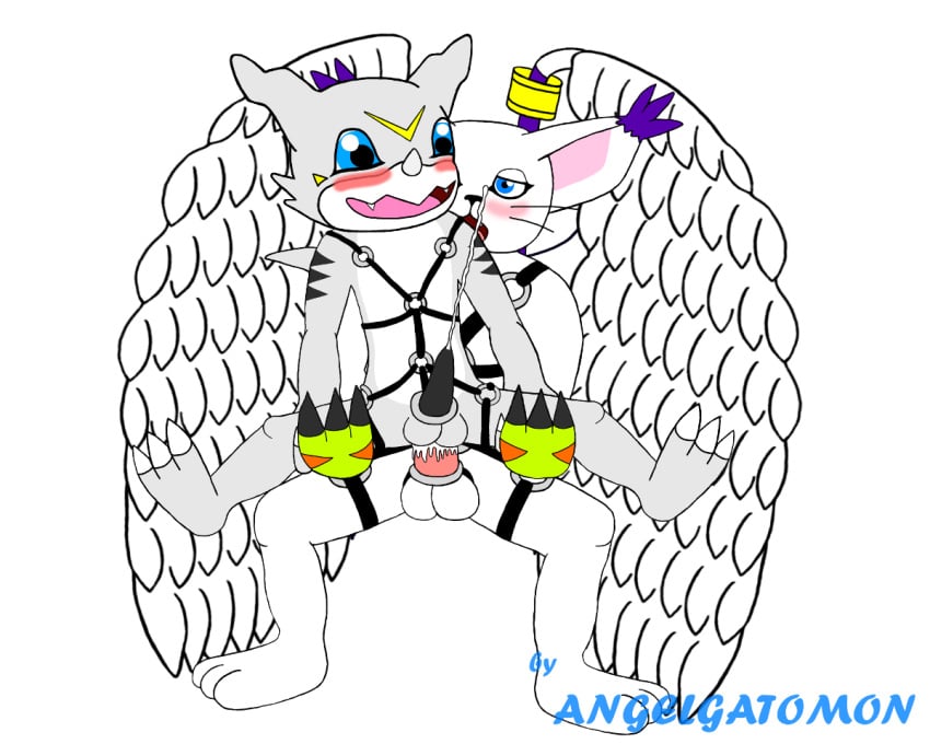 anal anal_sex angel_wings angelgatomon_(angelgato) angelgatomon_(artist) balls blush cock_ring cum cum_while_penetrated cumshot digimon erection gatomon harness leather looking_pleasured male male_only penetration penis sex shiromon_(shiromon999) tail veemon white_background wings yaoi