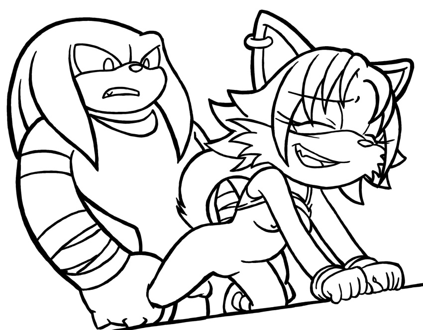 anthro balls bandage black_and_white bottomless breasts character_request closed_eyes clothed clothing duo echidna epilepticgerbil female from_behind fur half-dressed knuckles_the_echidna male mammal monochrome monotreme nipples nude raised_tail sex shirt shirt_lift simple_background sketch smile sonic_(series) sonic_boom straight teeth