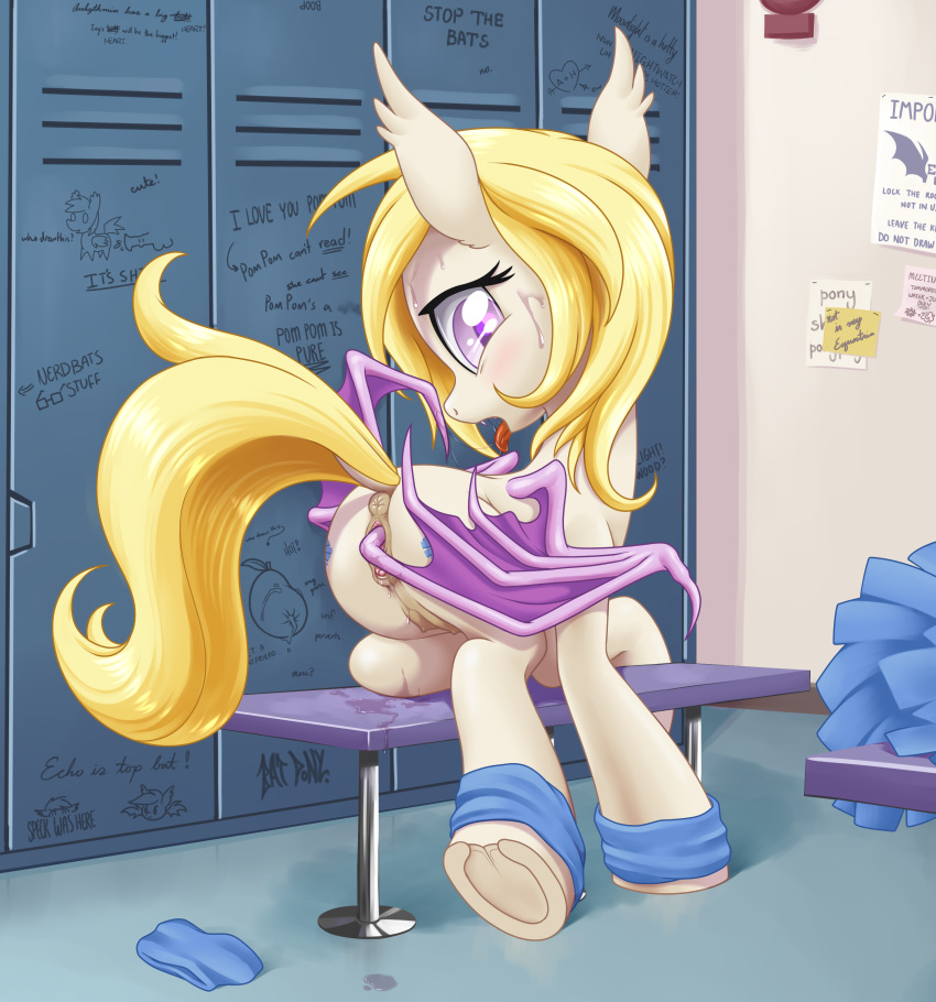 2015 anus ass bat_pony blonde_hair clitoris crotchboobs equine fan_character fangs female furry furry_only hair hi_res hooves hybrid locker masturbation my_little_pony non-anthro pussy solo stoic5 sweat tongue tongue_out wall_writing wings