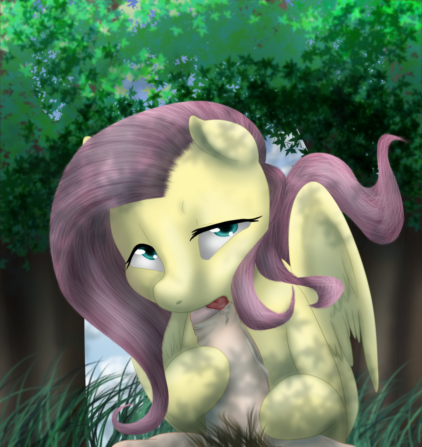 2015 absurd_res colored duo equine faceless_male female feral fluttershy_(mlp) friendship_is_magic glo-in-the-dark grass hair hi_res human human_on_feral interspecies kurausuki long_hair looking_at_viewer male mammal my_little_pony oral outdoors pegasus penis pubic_hair sex solo_focus straight tongue tree uncut vein wings zoophilia