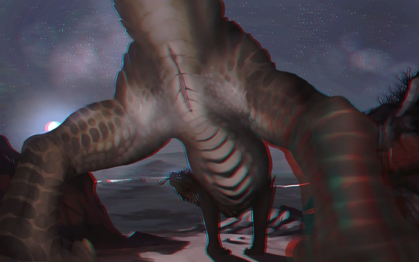 10s 2015 3d 3d_anaglyph ambiguous_gender anaglyph anus brown_scales brown_skin dradgien dragon feral forked_tongue low-angle_shot male moon night outside river sahlohkin_(editor) scalie slit solo star tongue tongue_out wasteland white_scales white_skin worm's-eye_view