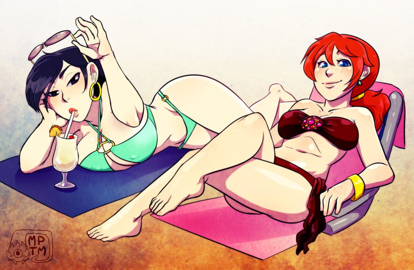 2girls asian barefoot beach black_hair blue_eyes breasts feet female freckles gardnerverse large_breasts liz_gardner multiple_girls my_pet_tentacle_monster red_hair sunglasses swimsuit toes vuong_nguyen