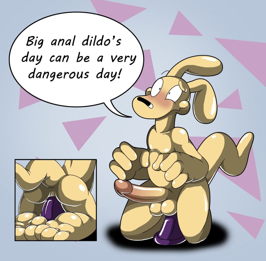 1boy 3_toes abstract_background anal anal_sex anthro back balls barefoot dildo erection male male_only mammal marsupial nude paws penetration penis rocko rocko's_modern_life sex_toy simple_background slashy_slashy solo text toes wallaby