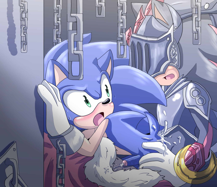 angelofhapiness armor blue_fur blush cape chained_cuffs chains clothing cum dungeon furry gauntlets gloves green_eyes headgear hedgehog helmet male male_only mammal medieval_armour open_mouth sex shadow_the_hedgehog sir_lancelot_(sonic_and_the_black_knight) sonic_(series) sonic_and_the_black_knight sonic_the_hedgehog sweat visor