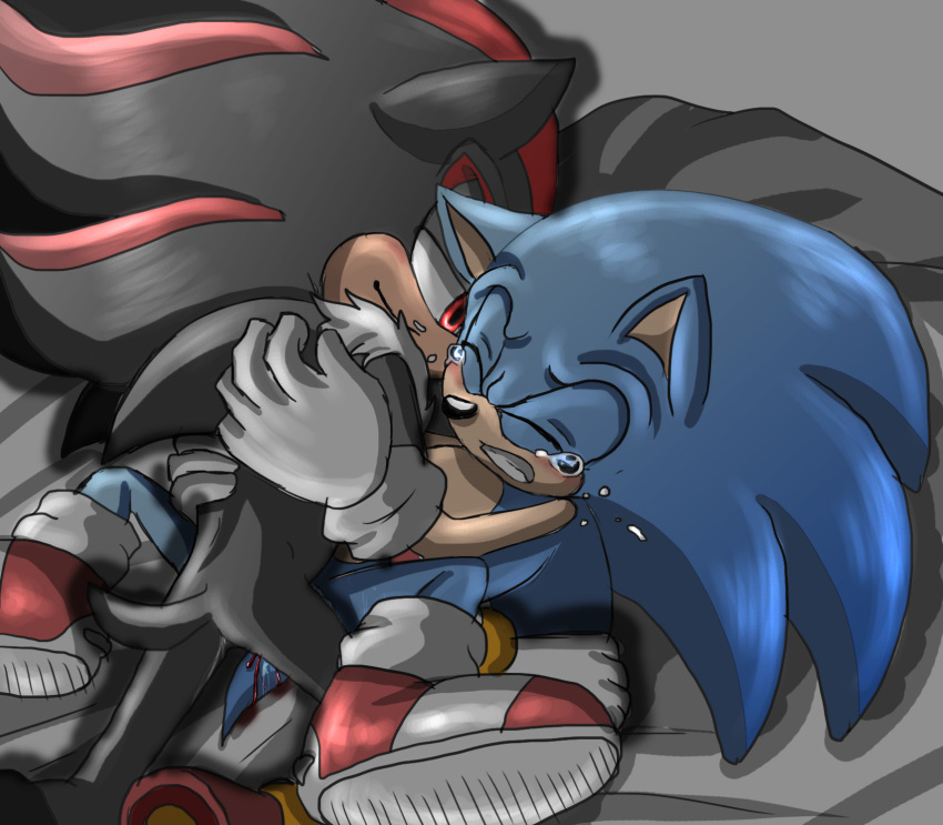 anal anal_sex angelofhapiness bed blood blue_fur blush chest_tuft clothing cum footwear forced_entry fur furry hedgehog male_only mammal penetration red_eyes shadow_the_hedgehog sonic_(series) sonic_the_hedgehog tears tuft