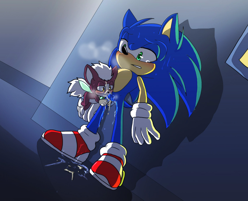 angelofhapiness blue_fur blush clothing cum fellatio footwear furry gloves green_eyes hedgehog light_gaia male male_only mammal oral penis sex shoes size_difference sonic_(series) sonic_the_hedgehog wings yellow_eyes