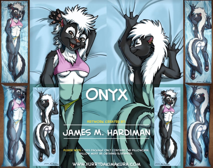 2015 advertisement anthro ass bed_sheet bra breasts brown_eyes claws dakimakura distracting_watermark english_text female fur furry hair james_m_hardiman jim_hardiman looking_at_viewer lying mammal on_back onyx onyx_(jmh) open_mouth panties pawpads paws piercing pillowcase skunk smile solo text underwear watermark white_hair