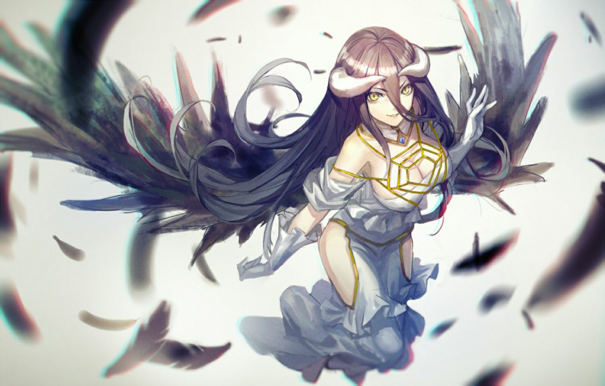 1girls albedo_(overlord) brown_hair feather female female_only horns infukun long_hair overlord_(maruyama) solo succubus tagme very_long_hair wings yellow_eyes zhouran