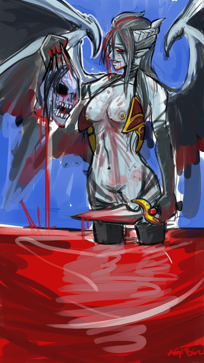 agito666 akasha armed bleeding blood dagger decapitation dota_2 evil_smile exposed gore guro horns pointy_ears queen_of_pain red_eyes severed_head smile sword topless vagina weapon wet_hair winged wings