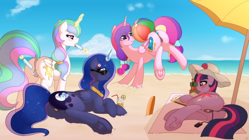 4girls alicorn all_fours anal animal anus ass ball beach beach_ball blush book candle cloud cutie_mark equine eyewear female friendship_is_magic frisbee glasses hair hat horn horse jewelry lying mammal masturbation mouth_hold multicolored_hair my_little_pony necklace princess_cadance_(mlp) princess_celestia_(mlp) princess_luna_(mlp) pussy sand seaside sky smile sunglasses twilight_sparkle_(mlp) umbrella uncensored unicorn vibrator water wings