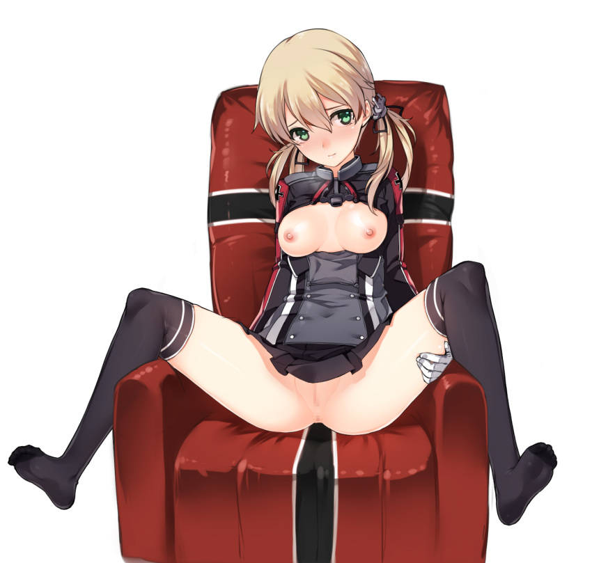 anchor_hair_ornament blonde_hair blush breasts breasts_out censored chair female gloves green_eyes hair_ornament highres iron_cross kantai_collection kuro_(kuronell) long_hair looking_at_viewer military military_uniform nipples no_hat no_panties panties prinz_eugen_(kantai_collection) pussy sitting solo spread_legs tears thighhighs tied_hair twintails underwear uniform white_gloves