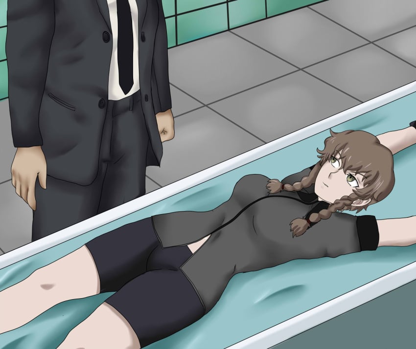 agent_smith amane_suzuha background bondage brown_hair bug_(the_matrix) button_shirt green_eyes kas-min lying lying_on_back male medium_breasts peril probe restrained short_sleeves shorts simple_background spats steins;gate suit suit_jacket the_matrix twin_braids