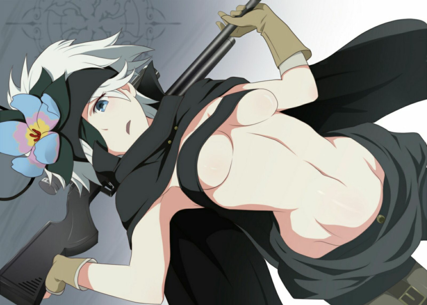 1girls blue_eyes female female_only fremy_speeddraw gloves navel rifle rokka_no_yuusha siozatou solo tagme underboob weapon white_hair