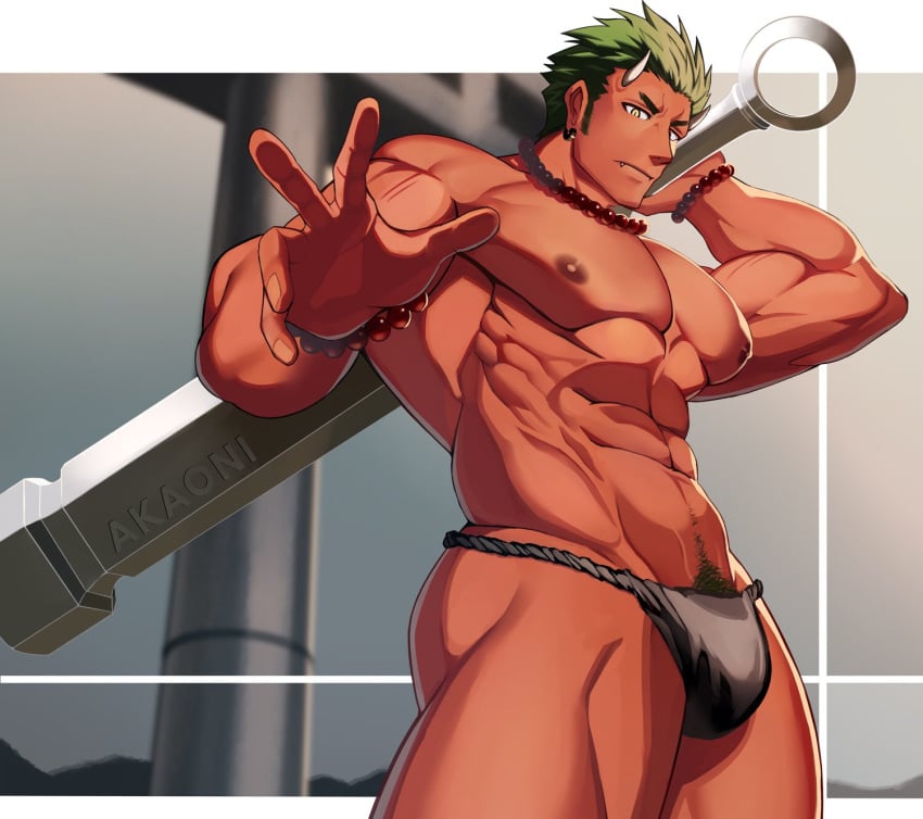 1boy abs akaoni asian_mythology bara bead_bracelet bead_necklace beads beefy big_areola big_breasts black_fundoshi blurry_background bulge bulge_through_clothing demon earrings east_asian_mythology frown fundoshi fundoshi_only green_hair hands_behind_head hi_res holding_object holding_stick holding_weapon horn hunk japanese_mythology looking_at_viewer male male_only manly mature_male muscles muscular muscular_arms muscular_ass muscular_legs muscular_male muscular_thighs mythology oni open_hand pecs red_body red_oni red_skin rokushaku_fundoshi sharp_teeth short_hair six_pack standing suzuoni teeth_showing text thick_arms thick_eyebrows thick_thighs topless tough_guy v-shaped_eyebrows veiny_arms veiny_belly veiny_muscles yellow_eyes youkai