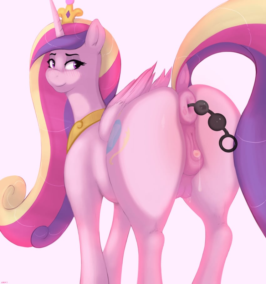 absurd_res alicorn anal_beads animal_genitalia anus ass blush bodily_fluids breasts cutie_mark digital_media_(artwork) equid equine equine_anus female female/female feral friendship_is_magic genitals hair hasbro hi_res horn horse index_3 looking_at_viewer mammal multicolored_hair my_little_pony mythological_creature mythological_equine mythology nipples nude pony princess_cadance_(mlp) puffy_anus pussy simple_background solo tail toy wings