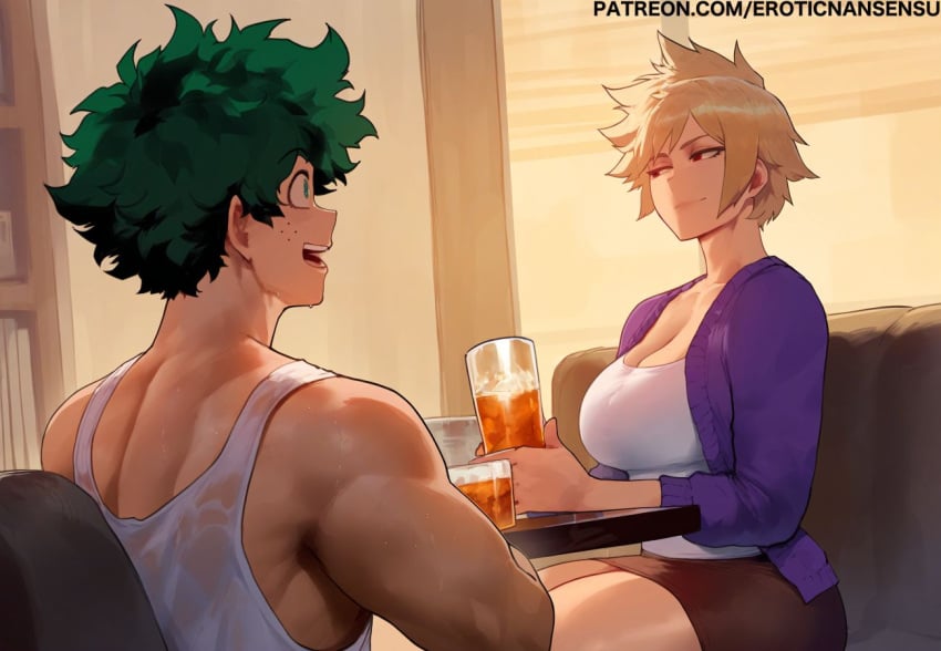 2024 2d artist_name bakugou_mitsuki big_breasts blonde_hair cardigan cleavage color curvy erotic_nansensu glass green_eyes green_hair imminent_sex indoors izuku_midoriya large_breasts milf mitsuki_bakugou muscular muscular_male my_hero_academia older_female patreon_username short_hair sitting skirt table talking_to_another tank_top thick_thighs watermark younger_male