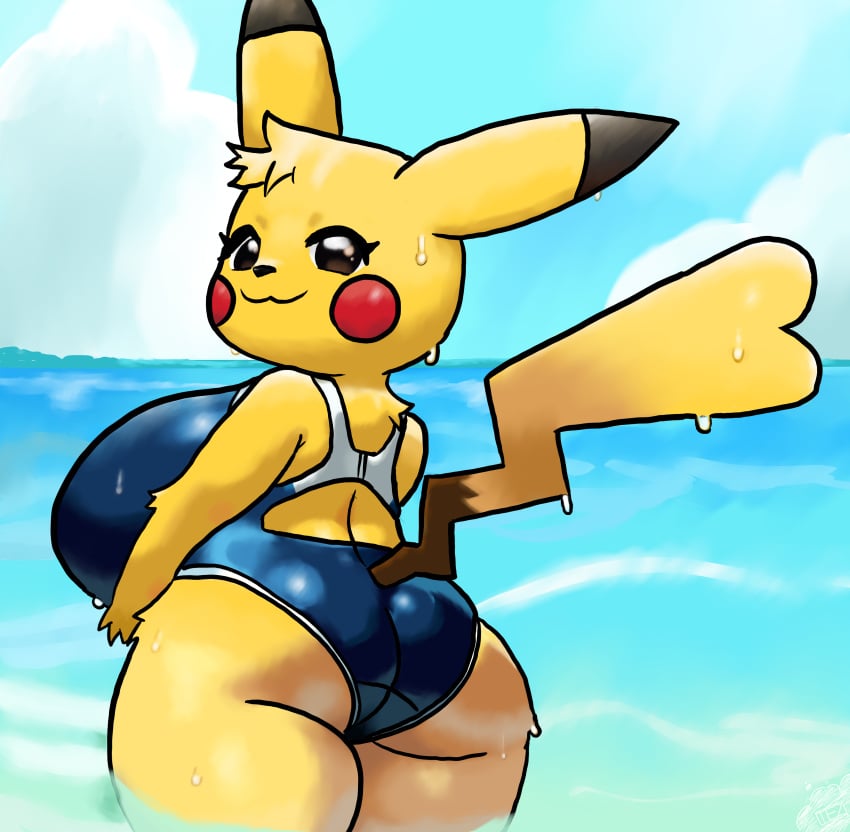 :3 absurd_res ass back_focus beach big_breasts big_butt breasts butt_focus clothing eye_contact eye_glint female generation_1_pokemon glistening glistening_body glistening_clothing glistening_eyes glistening_swimwear heart_tail hi_res huge_breasts long_tail looking_at_another looking_at_viewer nintendo one-piece_swimsuit partially_submerged pear-shaped_figure pikachu pokemon pokemon_(species) rear_view ruffled_fur school_swimsuit sky skyscape solo swimwear tail teztaz thick_thighs wide_hips