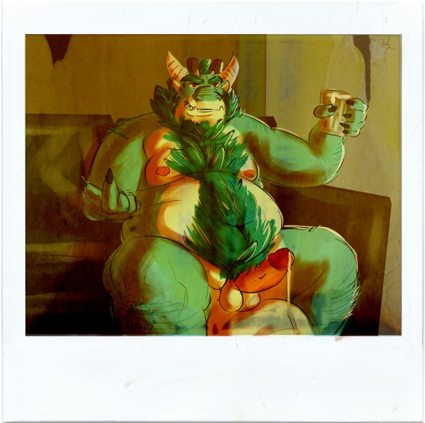 chubby cum cum_on_tail dilf dragon drink erection father glass grin hairy horn moobs obese orgasm overweight parent penis polaroid precum pubes raised_glass sitting tcw_(artist)