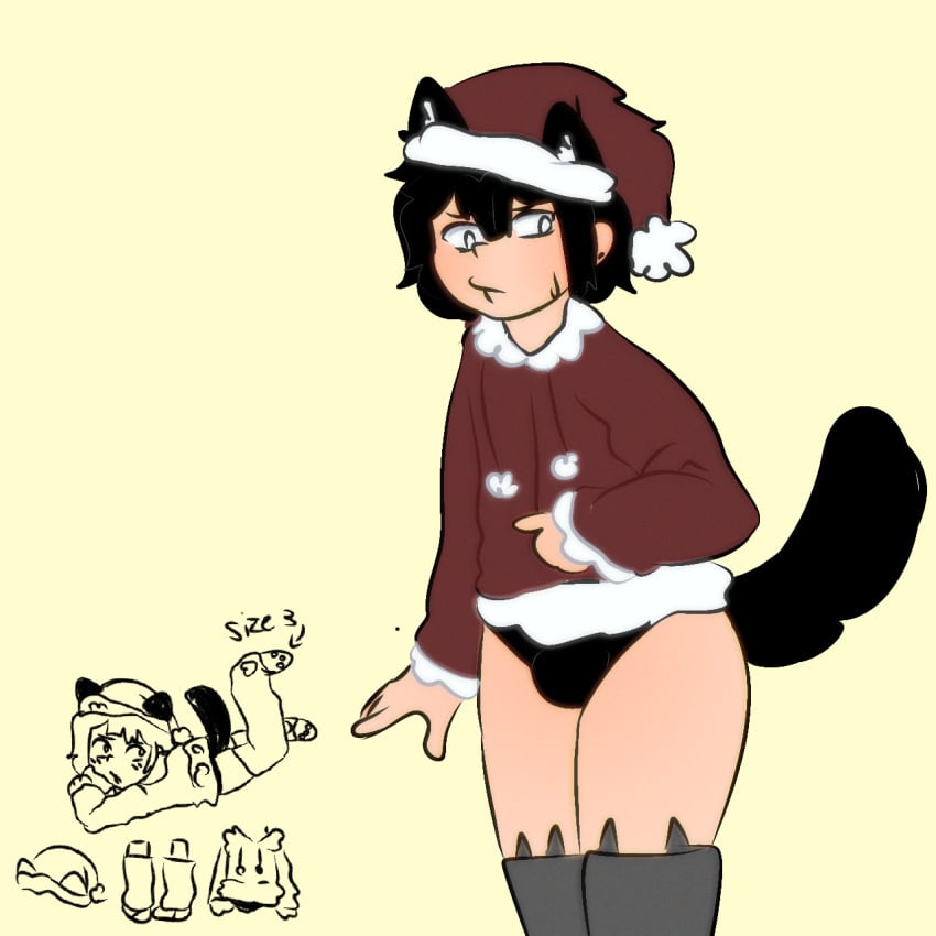 balls_in_panties ballsack black_panties cat_ears cat_tail catboy christmas_clothing christmas_outfit cute_face femboy femboysub grumpy_sub male oc original_character persona submissive_male thick_ass thick_thighs veekee_(veekittynya) veekittynya