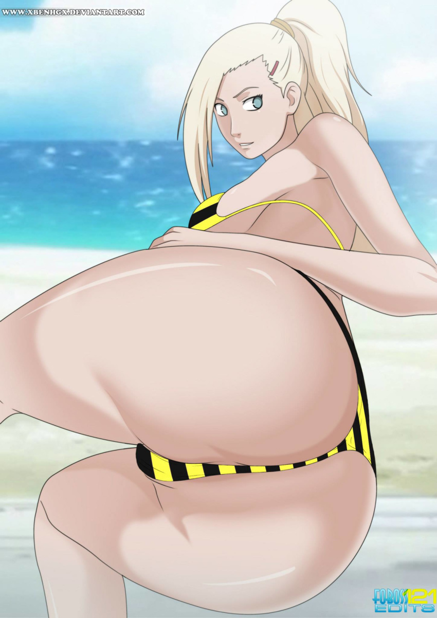 1girls ass beach big_ass bikini blonde_hair clouds female green_eyes hair_band hair_clip konohana long_hair looking_at_viewer male nico_robin one_piece ponytail sand sea sky solo thumbnail_error tied_hair tiger_print turquoise_eyes water wide_hips