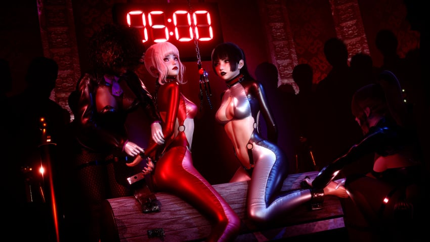 3d ankle_cuffs ball_gag black_hair black_lipstick blush bodysuit bondage bound bound_ankles bound_wrists captured chains cleavage collar crowd cuff_(restraint) cuffs exhibitionism female female_only femdom femsub fishnets gloves helpless hi_res honey_select latex legs_tied lezdom light_skin mercierharrogate multiple_girls original original_character pink_hair red_lipstick restrained shackles shiny_clothes slave slavegirl small_breasts stockings tight_clothing voyeur wooden_horse yuri