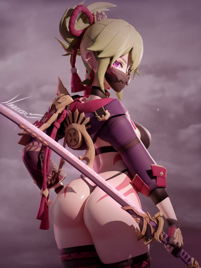 1girls 3d ass female female_only genshin_impact green_hair hazeker kuki_shinobu large_ass light-skinned_female light_skin looking_at_viewer mask purple_eyes solo sword thong weapon