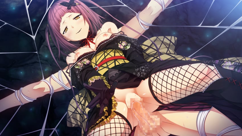 areola bangs blunt_bangs blush bondage boots breasts butterfly_hair_ornament censored cura excessive_pussy_juice fat_mons female femdom fishnet_legwear fishnets frills game_cg gloves hair_ornament hairpin half-closed_eyes highres japanese_clothes kimono kimono_pull knee_boots large_breasts lipstick looking_at_viewer makeup male malesub medium_breasts monobeno mosaic_censoring nipples one_side_up pale_skin penis plaid plump_vulva purple_hair pussy_juice rape reverse_rape ribbon silk smile solo_focus spider_web spider_web_print spread_legs straight sweat takijorou undressing yellow_eyes