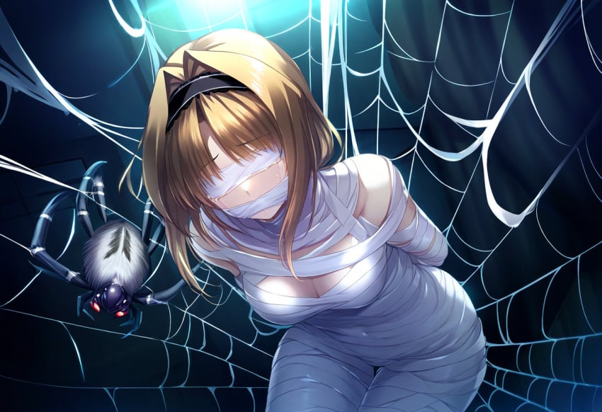 ai_generated artist_request blindfold bondage brown_hair female gag original spider spiderweb