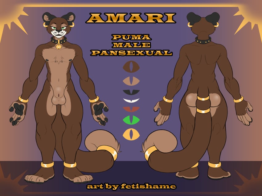 absurd_res accessory amari animal_genitalia anthro bracelet collar cougar ear_piercing felid feline fetishame furgonomics genitals gold_bangle hi_res jewelry male mammal model_sheet nude piercing ring sheath solo tail tail_accessory tail_jewelry tail_ring