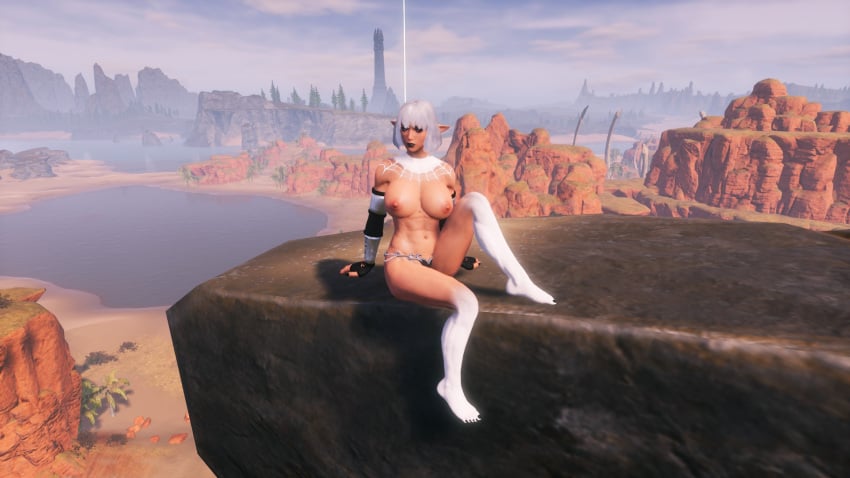 1girls 3d big_boobs big_breasts boobs breasts conan_exiles female female_only female_solo large_boobs large_breasts long_ears outdoors outside pointy_ears solo solo_female tagme topless topless_female white_hair white_hair_female