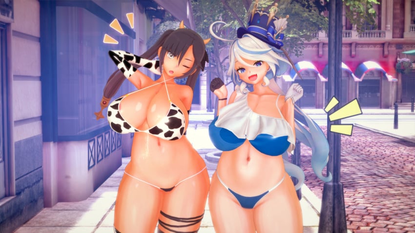 2girls bikini boobs_bigger_than_head breasts codeyumi cow_bikini cowkini furina_(genshin_impact) genshin_impact mona_(genshin_impact) thighs