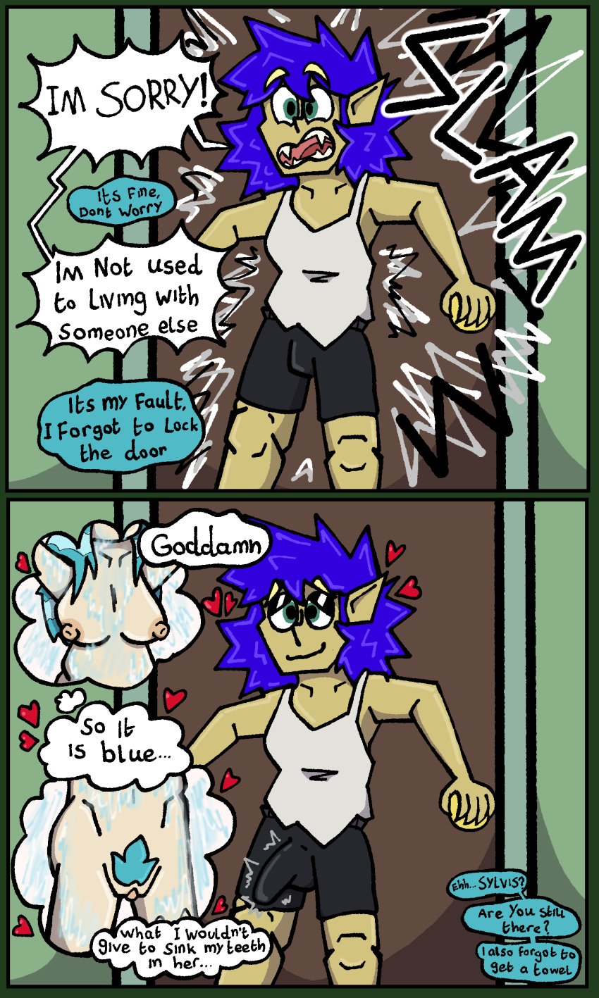 2girls amputated_leg amputee blind_eye blue_hair breasts comic comic_panel elf elf_ears elf_female fangs fantasizing green_eyes kalea_(th3crazyguard1an) naked naked_female oc original original_character original_characters page_1 pubic_hair shower sylvis_(th3crazyguard1an) text text_bubble th3crazyguard1an