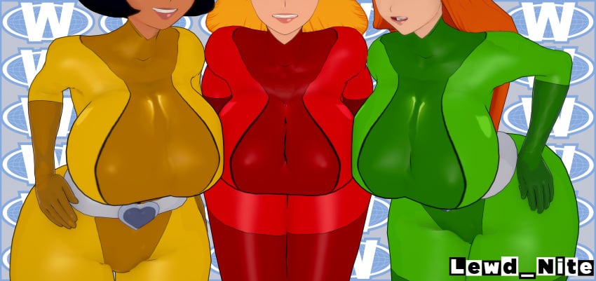 alex_(totally_spies) big_breasts blonde_hair brown_hair caucasian caucasian_female clover_(totally_spies) european green_bodysuit green_jumpsuit hispanic jumpsuit lewd_nite obscured_eyes red_bodysuit red_hair red_jumpsuit sam_(totally_spies) shiny_clothes smile spy tagme tight_clothing tights totally_spies white_girl yellow_bodysuit yellow_jumpsuit