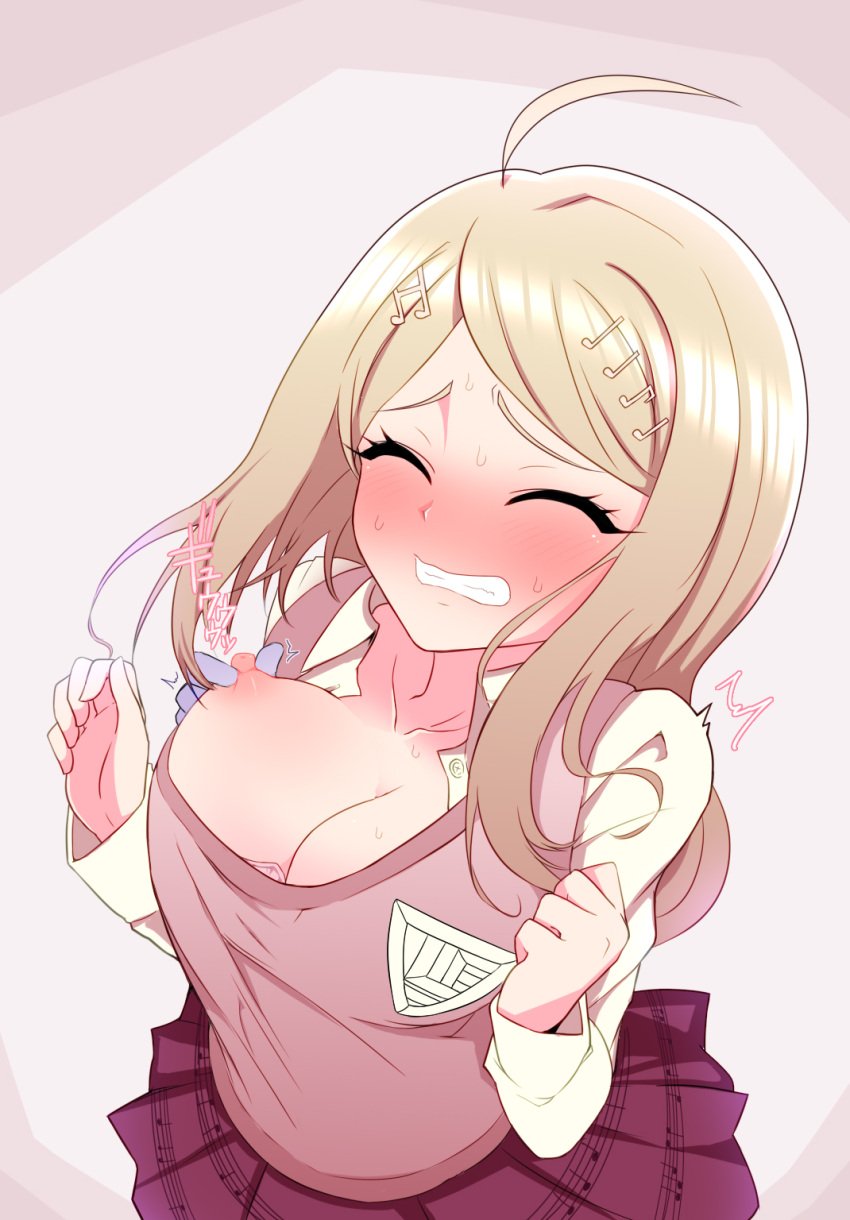 ahoge akamatsu_kaede big_breasts blush breast_grab breasts cleavage clenched_hand closed_eyes cowboy_shot d; danganronpa danganronpa_(series) danganronpa_v3:_killing_harmony female female_focus fondling fondling_breast fortissimo grabbing_from_behind groping groping_breasts hair_ornament hands_up highres large_breasts long_hair long_sleeves miniskirt molestation musical_note musical_note_hair_ornament nipple_stimulation nipple_tweak one_breast_out one_eye_closed open_mouth pink_eyes pink_sweater_vest pleated_skirt red_skirt shirt_pull skirt solo_focus sweater_vest trembling uchiwatan