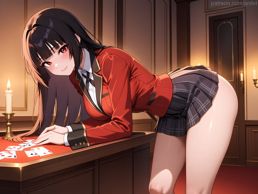 1girls ai_generated anilvl ass bangs bent_over black_hair black_ribbon black_skirt blazer blunt_bangs blush breasts candle candlestand card closed_mouth collared_shirt hime_cut indoors jabami_yumeko jacket kakegurui large_breasts leaning_forward long_hair long_sleeves looking_at_viewer miniskirt neck_ribbon no_legwear plaid plaid_skirt playing_card pleated_skirt poker_chip red_eyes red_jacket ribbon school_uniform shirt skirt skirt_lift smile solo table thighs white_shirt