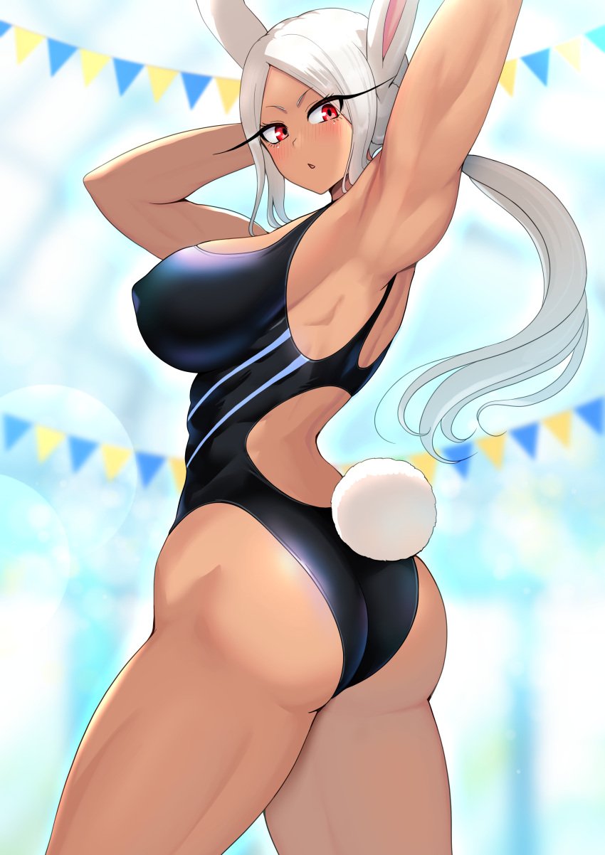 :o absurdres alternate_costume alternate_hairstyle animal_ears arm_behind_head arm_up armpits ass back_cutout blue_one-piece_swimsuit blurry blurry_background blush boku_no_hero_academia breasts clothing_cutout competition_swimsuit dark-skinned_female dark_skin female from_side harurukan highres large_breasts long_eyelashes long_hair looking_at_viewer miruko one-piece_swimsuit parted_bangs parted_lips ponytail rabbit_ears rabbit_girl rabbit_tail red_eyes rumi_usagiyama solo swimsuit tail tail_through_clothes thick_thighs thighs toned_female twisted_torso white_hair