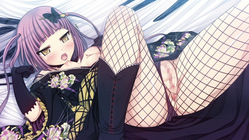 anus areolae bangs blunt_bangs blush boots butterfly_hair_ornament censored cura female fishnet_pantyhose fishnets game_cg gloves hair_ornament hairpin highres japanese_clothes long_hair looking_at_viewer monobeno mosaic_censoring nipples open_mouth pantyhose purple_hair pussy pussy_juice solo takijorou yellow_eyes