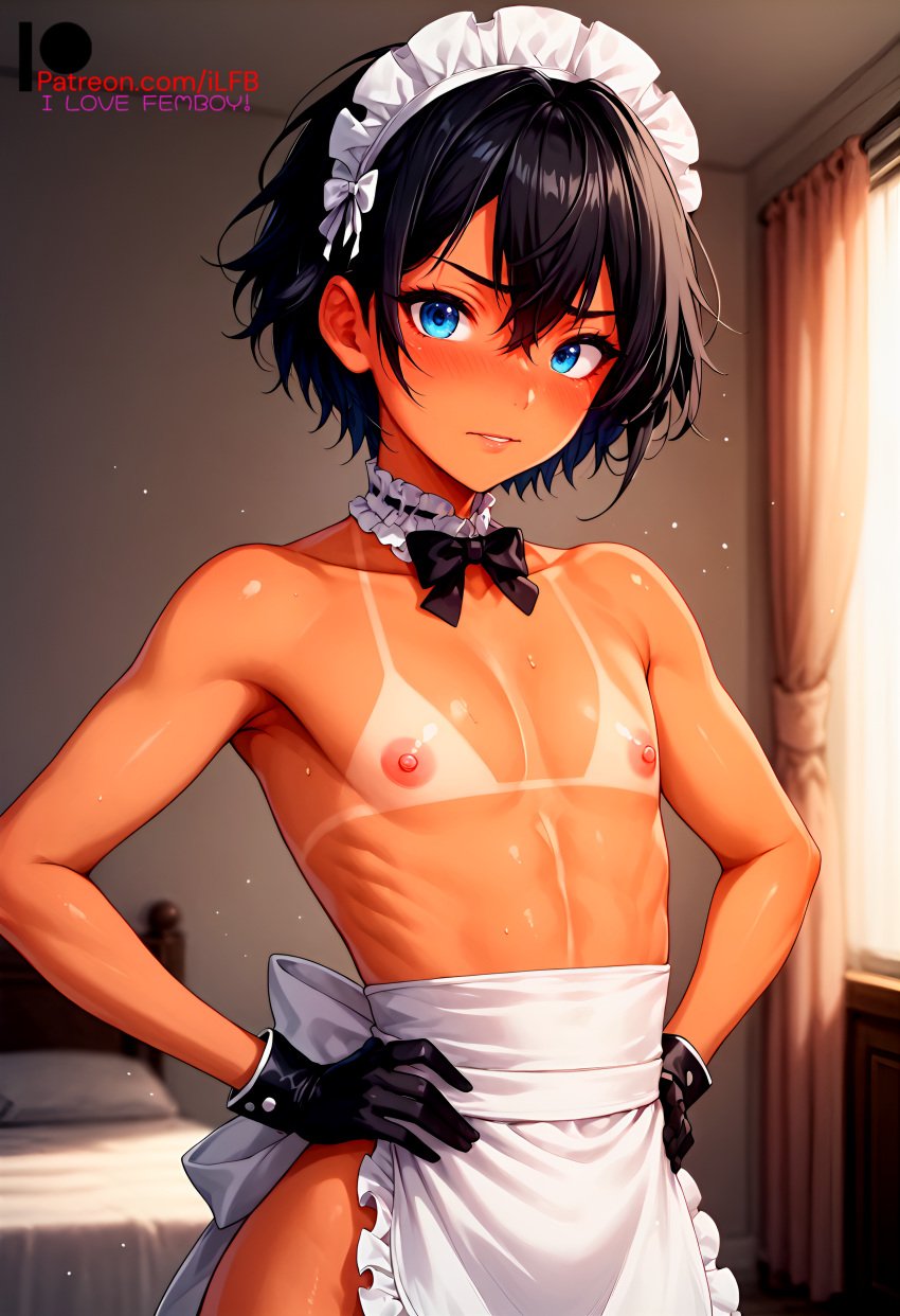 1boy 2024 2d ai_generated bed bedroom black_hair blue_eyes blush blush blush_lines blushed blushing_at_partner blushing_at_viewer blushing_male blushing_profusely boy boy_focus boy_only choker femboy flat_chest flat_chested focus focus_on_chest gloves hi_res high_resolution highres ilfb looking_at_partner looking_at_viewer looking_back_at_viewer maid maid_dress maid_headdress maid_outfit maid_uniform male male_only otoko_no_ko otokonoko short_hair shy solo standing staring staring_at_viewer sub submission submissive submissive_human submissive_male tan tan-skinned_femboy tan-skinned_male tan_body tan_fur tan_skin tanline tanned tanned_skin trap uncensored